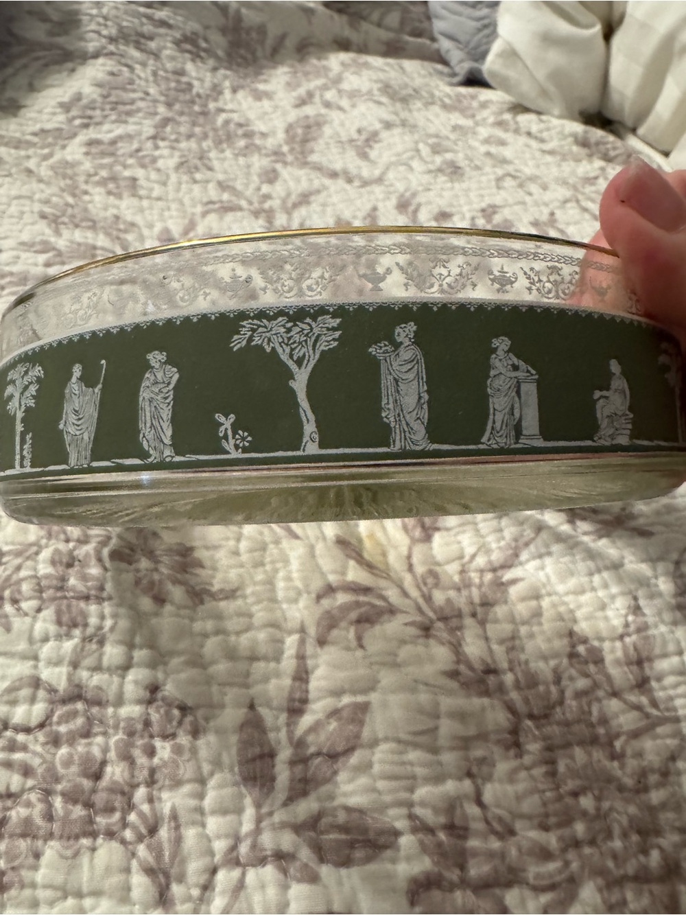 Vintage Glass Serving Bowl with Classical White Relief on Olive Band